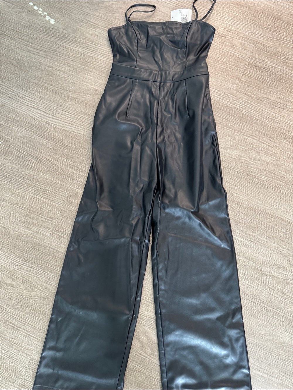 Forever 21 Black Faux Leather Strapless Jumpsuit with Wide Legs